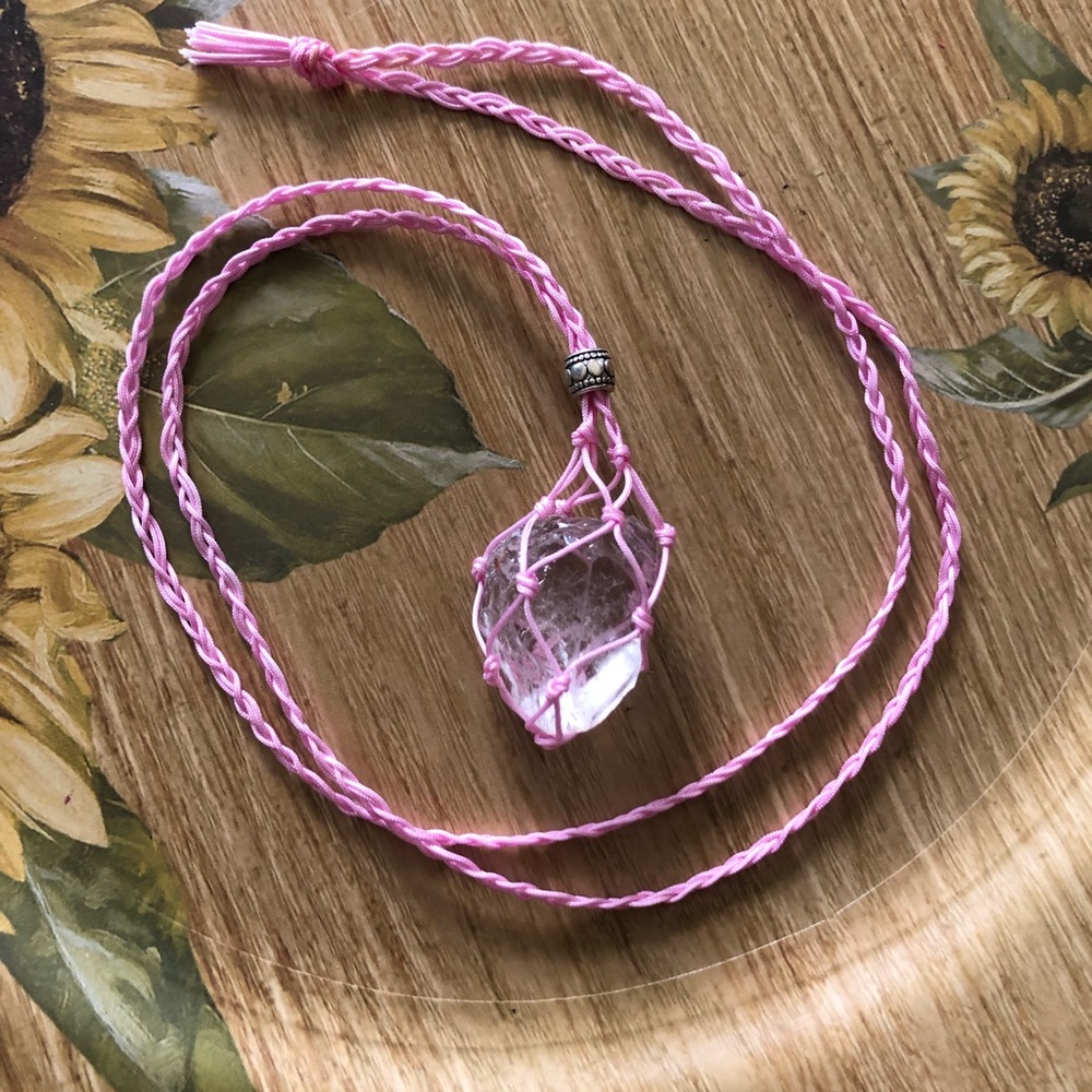 Raw crystal quartz necklace handmade macrame pouch crystal clear stone chunky